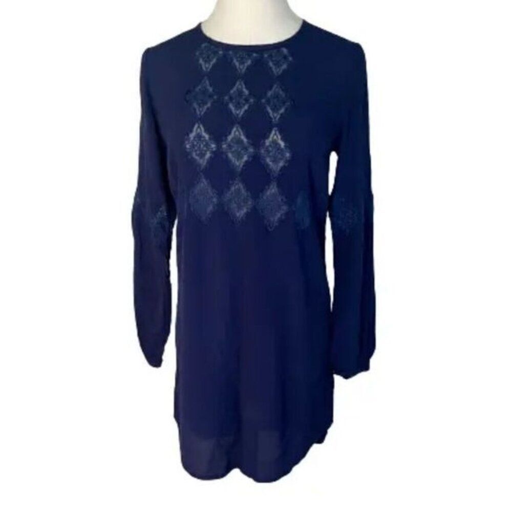 ASTR Tunic Long Top or Mini Dress XS Navy Blue Lace Trim